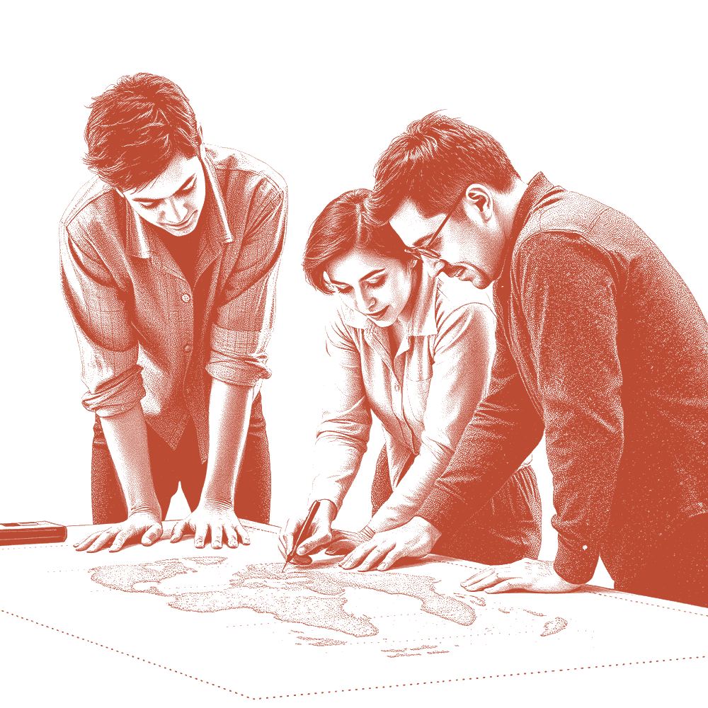 Tres personas inclinadas sobre un plano grande en una mesa de trabajo, una señalando un detalle con el lápiz